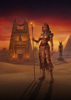 Mummys Gold welcome offer art: Egyptian queen in front of a temple